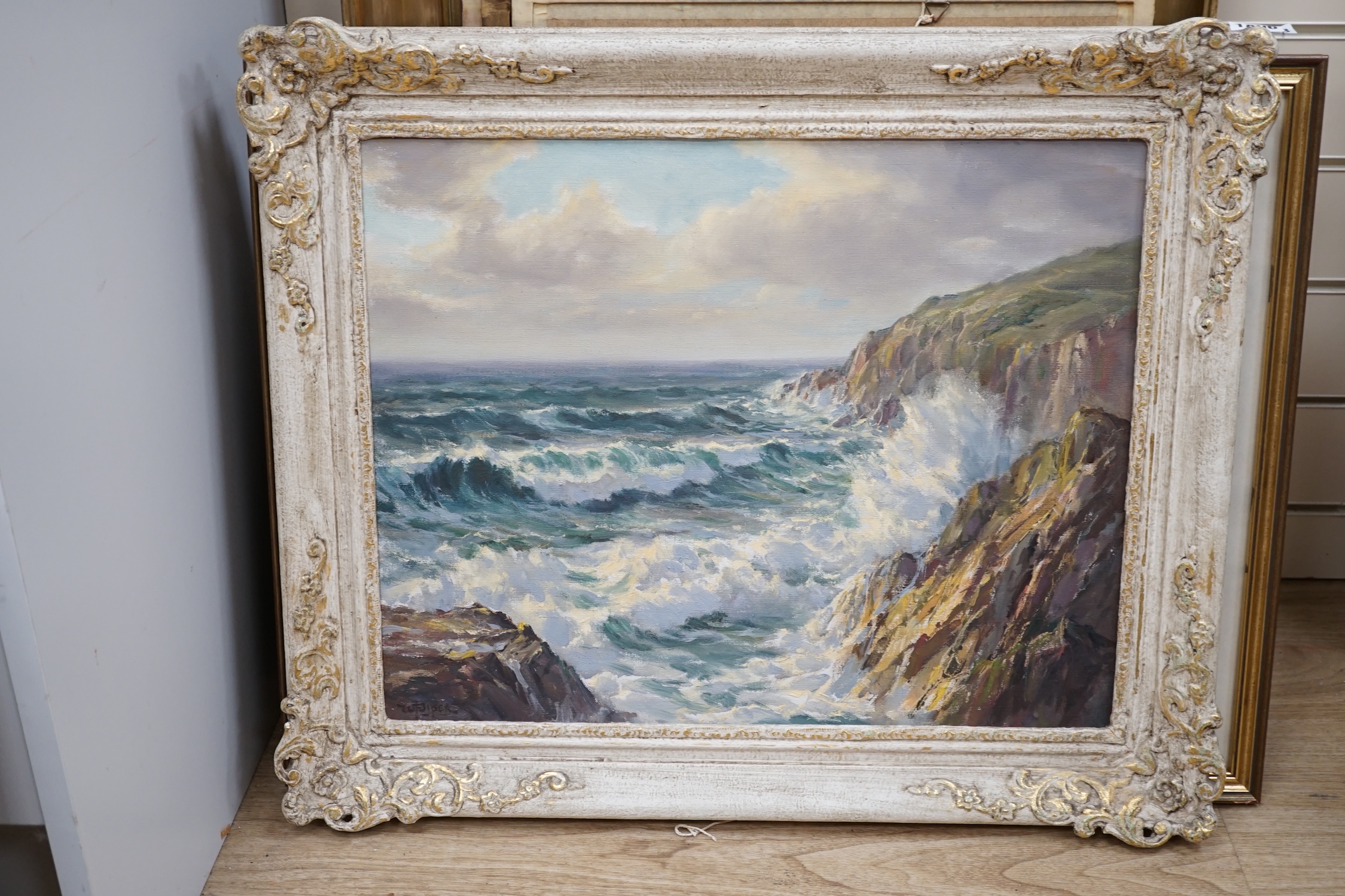 William F. Piper (1930-1967), oil on canvas, 'Incoming tide, Newquay’, signed, inscribed label verso, 39 x 49cm, ornate framed. Condition - good